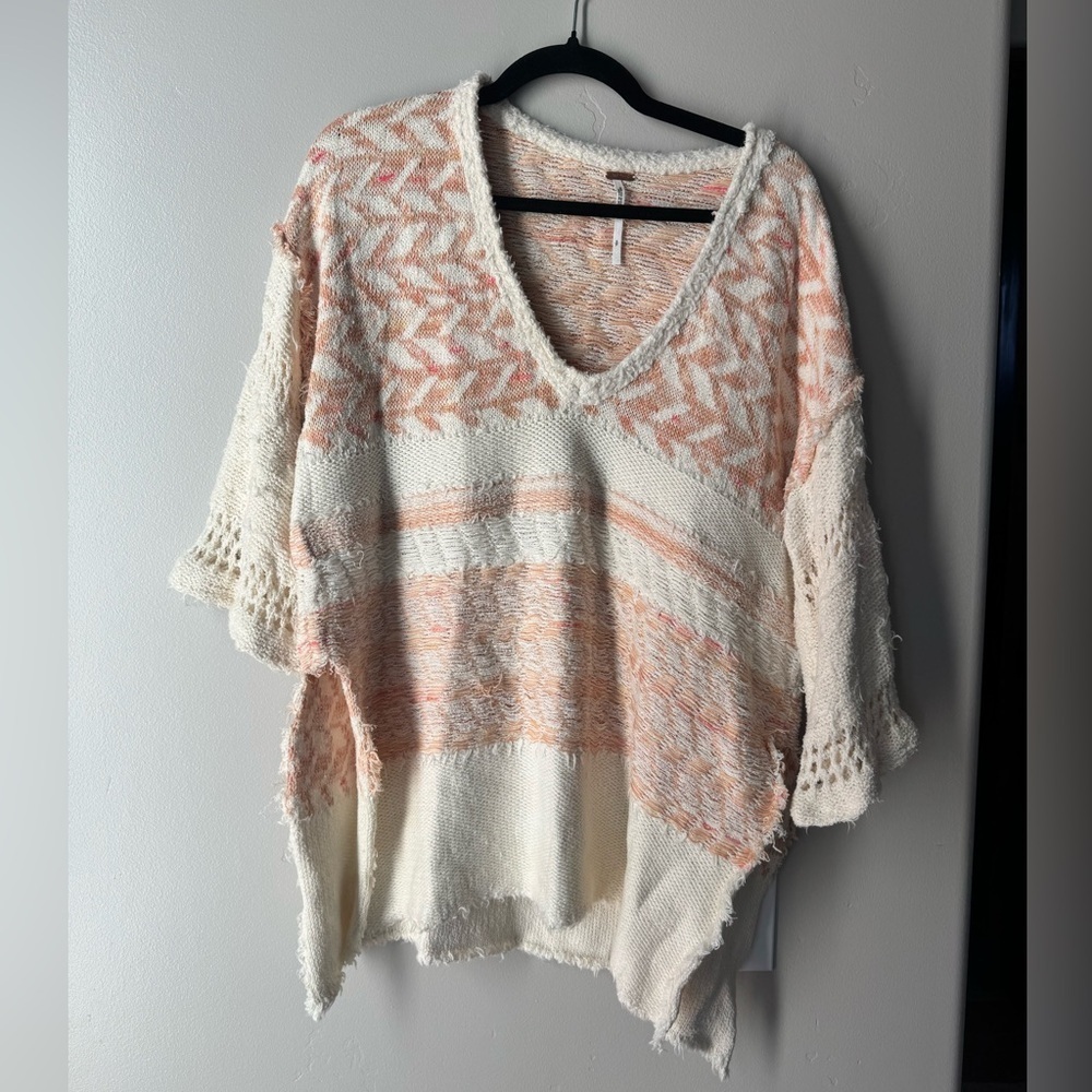 Free People Boho Poncho Sweater Peach Ivory Raw Hem Coastal Knit Cottagecore